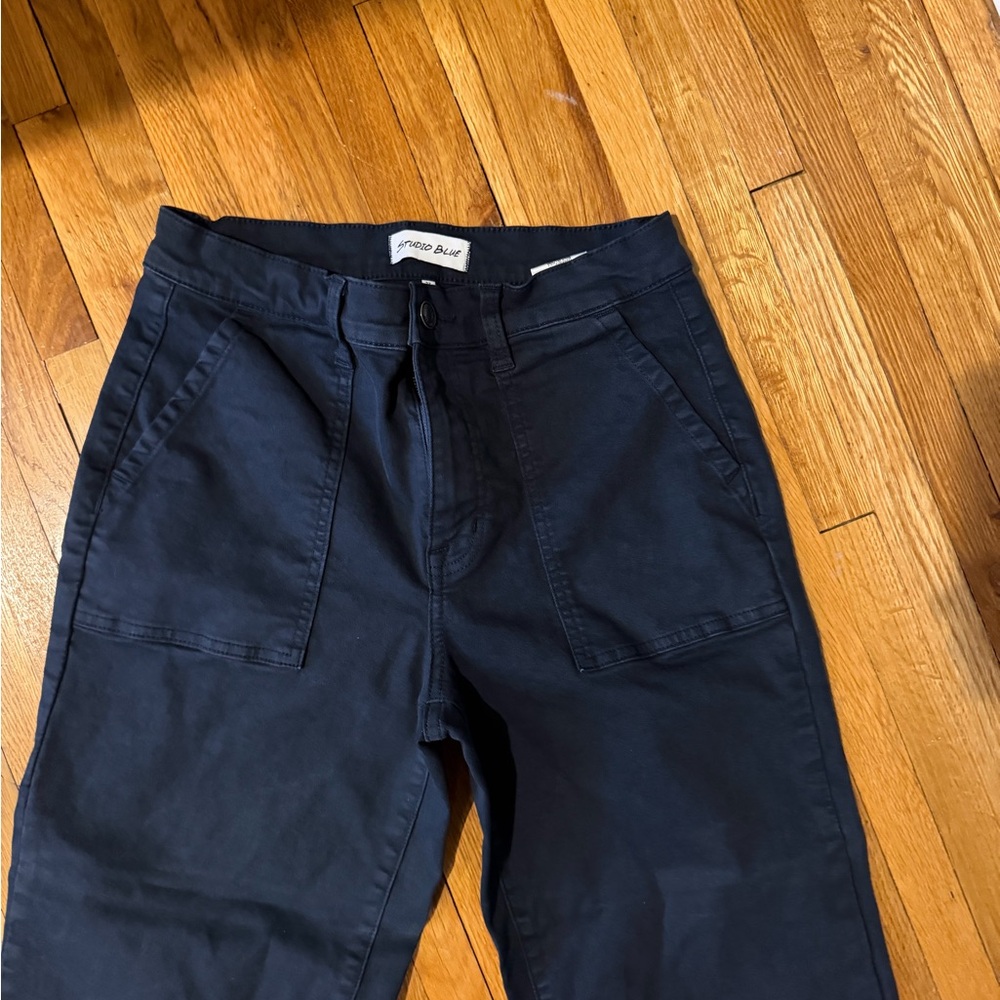 Studio Dark Blue High Waisted Pants with Front Pocket Detail